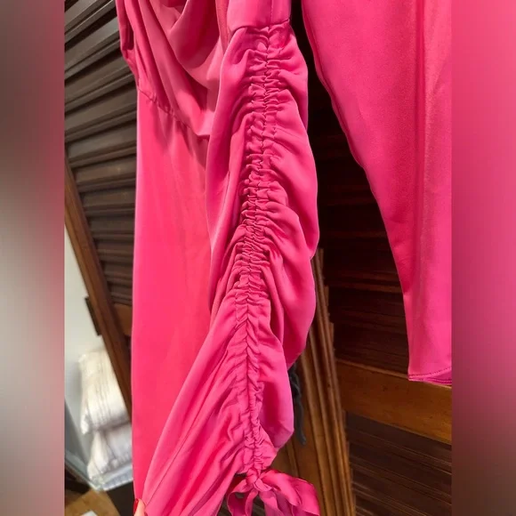 NWT RAMY BROOK Reeta Ruched Long Sleeve Satin Mini Dress Barbie Pink MEDIUM - Picture 4 of 9